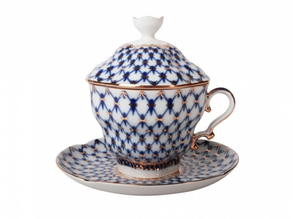 Чашка с блюдцем и с крышкой чайная Кобальтовая сетка Императорский фарфоровый завод  купить онлайн